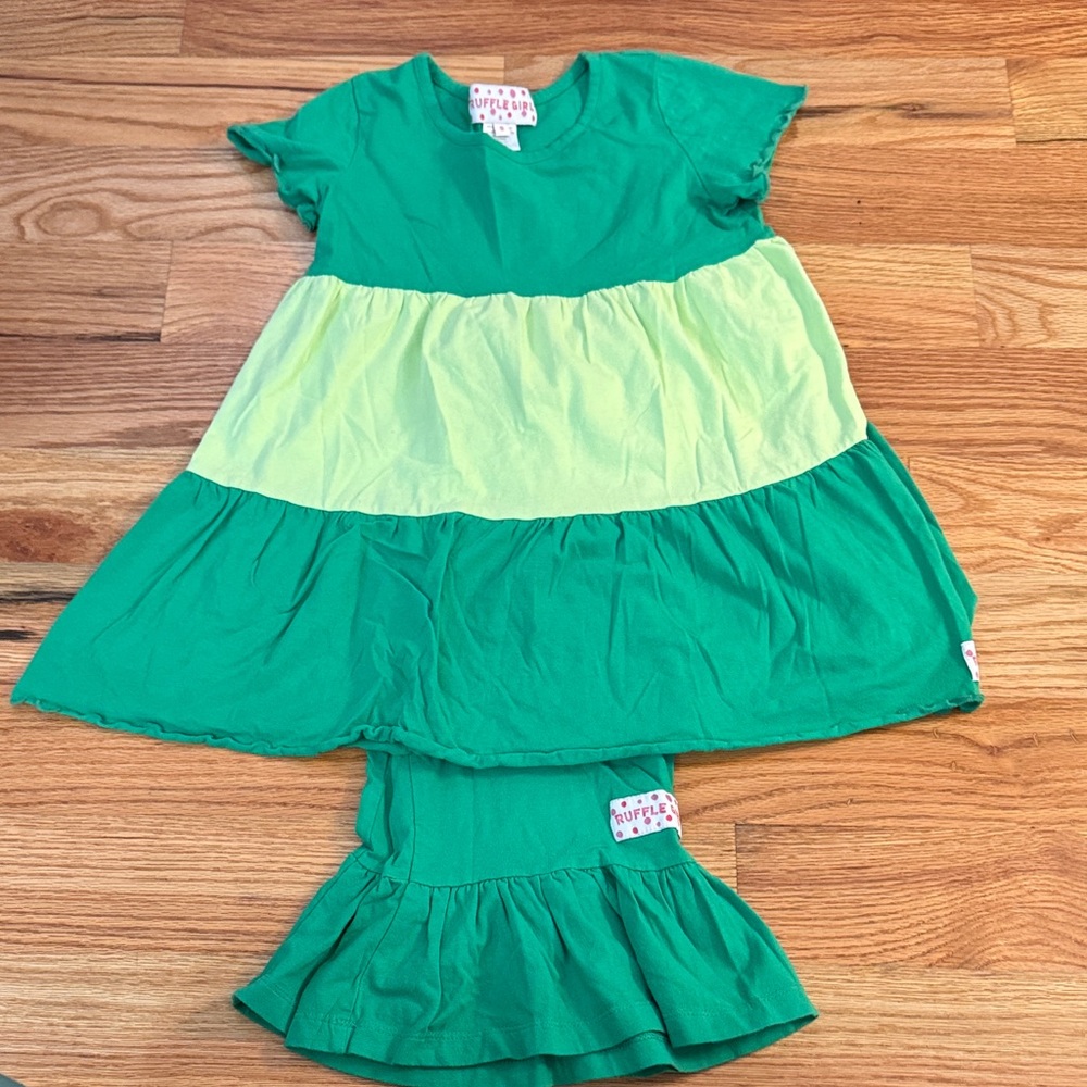 Green and Light Green Tiered Tunic and Ruffle Capris